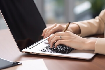 Close up of business woman hand using stylus pen signing on a digital tablet during online working on laptop computer on the table at home office, internet networking, freelance at work. Generative AI