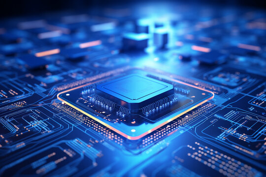 Futuristic chipset processor circuit board digital transformation blue abstract technology background. Innovative tech blockchain artificial intelligence cloud computing concept. Generative AI