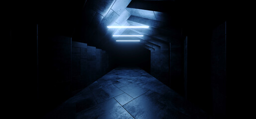 Sci Fi Modern Cement Concrete Dark Led Tubes Neon Glowing Blue Tunnel Corridor Hangar Hallway Warehouse Underground Studio Showroom 3D Rendering