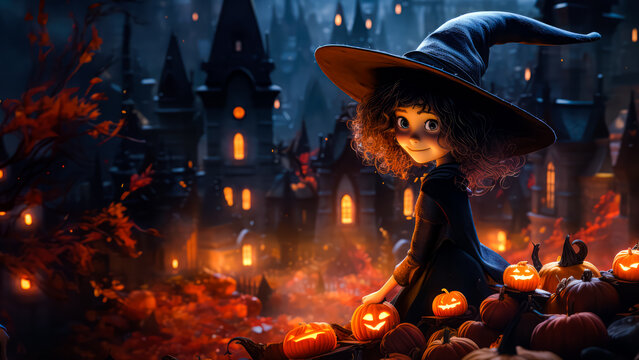 Halloween cute witch 3d character cartoon style with pumpkin and castle background for banner