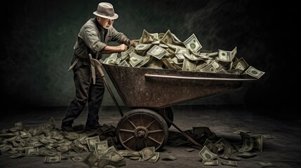 man pushing a wheelbarrow full of money. 

Made with the highest quality generative AI tools