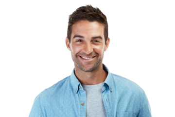 Portrait of man with smile, casual fashion and confident in Portugal isolated on transparent png background. Denim shirt, relax and real face of happy male model in trendy modern style with pride.