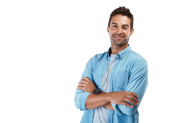 Smile, fashion and arms crossed with portrait of man on png for pride, trendy and confidence. Happy, casual and cool with person from Spain isolated on transparent background for happiness and style