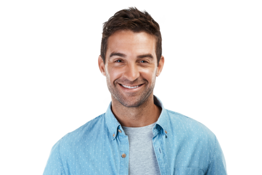 Portrait of man with smile, casual fashion and confident in Portugal isolated on transparent png background. Denim shirt, relax and real face of happy male model in trendy modern style with pride.