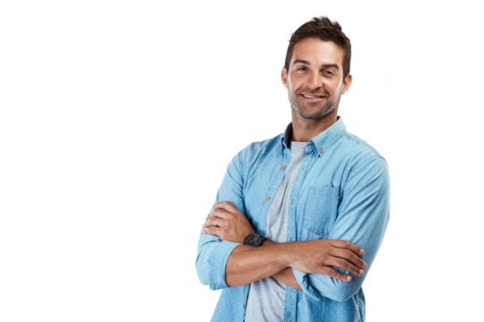 Smile, fashion and arms crossed with portrait of man on png for pride, trendy and confidence. Happy, casual and cool with person from Spain isolated on transparent background for happiness and style