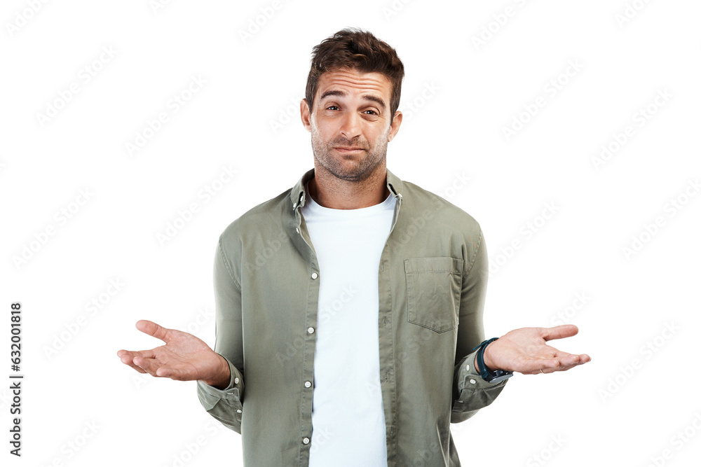 Poster Man, portrait and dont know hands isolated on transparent png background for choice, solution and decision doubt. Person face, confused and questions gesture with why, emoji and wondering in shrug