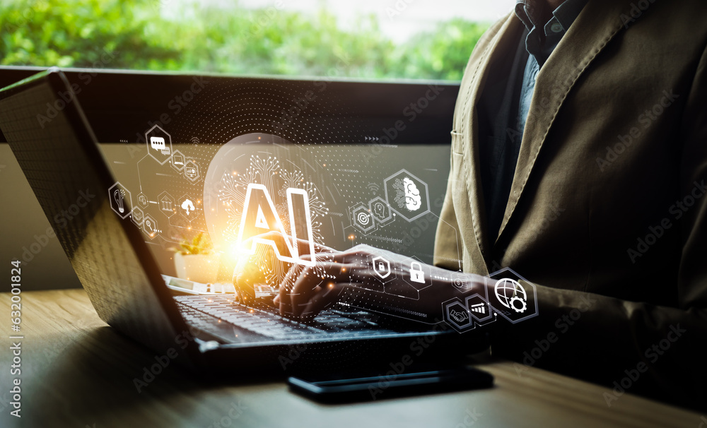 Poster businessman touching the brain working of artificial intelligence (ai) automation, predictive analyt
