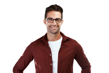 Confident, smile and portrait of a businessman with vision glasses isolated in transparent or png background. Happy, intelligent and person or entrepreneur new stylish eyewear or frames for optometry