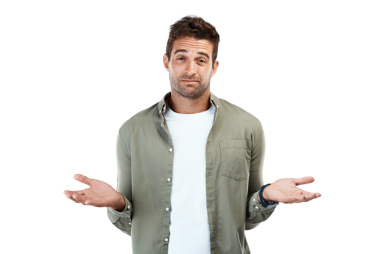 Man, portrait and dont know hands isolated on transparent png background for choice, solution and decision doubt. Person face, confused and questions gesture with why, emoji and wondering in shrug