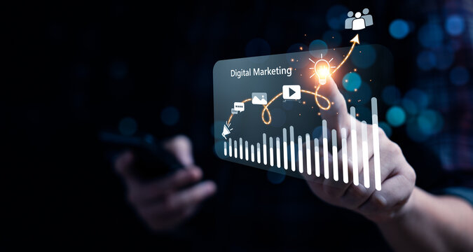 Digital marketing commerce online sale concept, Promotion of products or services through digital channels search engine, social media, email, website, Digital Marketing Strategies and Goals. SEO PPC