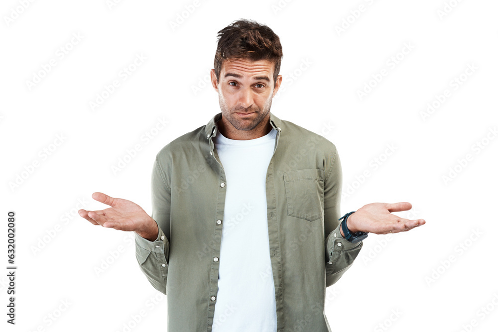 Poster person, portrait and dont know hands isolated on transparent png background for choice, solution and