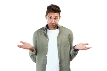 Person, portrait and dont know hands isolated on transparent png background for choice, solution...