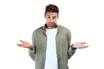 Person, portrait and dont know hands isolated on transparent png background for choice, solution and decision doubt. Man face, confused and questions gesture with why, emoji and wondering in shrug