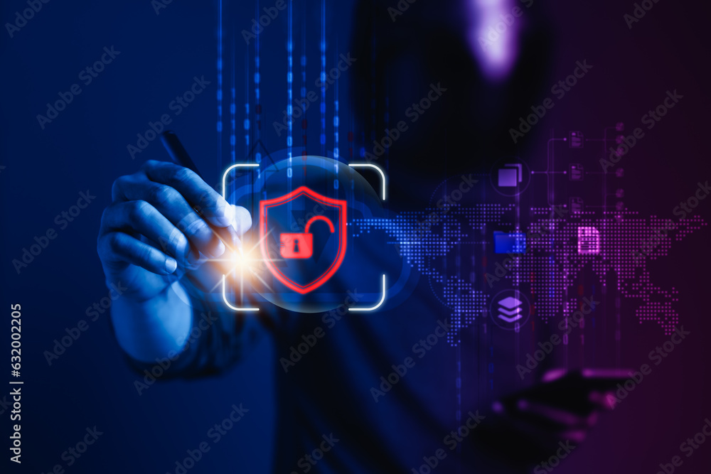 Aufkleber cybersecurity warrior, hand on the virtual screen coding to combat hackers and crime