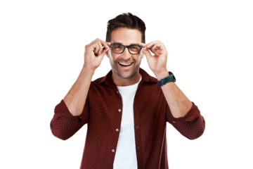 Smile, glasses and funny with portrait of man on png for eye health, optometry and fashion. Nerd, geek and happiness with person isolated on transparent background for prescription, lens and frames