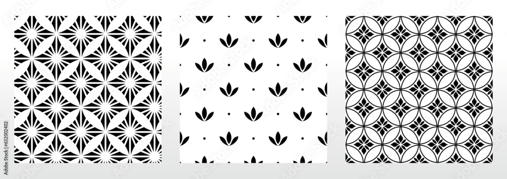 Aufkleber Geometric floral set of seamless patterns. White and black vector backgrounds. Damask graphic ornaments.