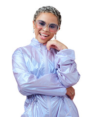 Sunglasses, woman and smile in portrait with fashion, cosmetic and funky accessory isolated on png...