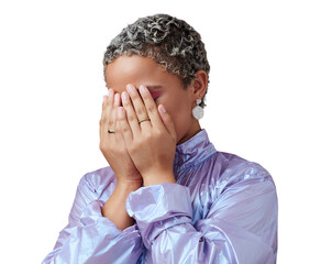 Hands, stress and hiding woman in fashion neon clothes on isolated, transparent and png background....