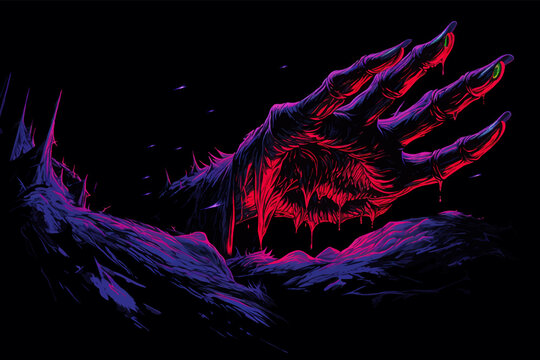 Monster hand with claws. Zombie hand coming out of the ground. Zombie hands. Hand in the forest with scary spooky trees. Neon light. Horror Night scene. Halloween concept. Vector Illustration