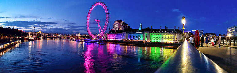 Ultra Wide Panoramic View of Illuminated London Eye from River Thames Westminster, Big Ben clock...