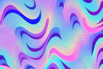 Fototapeta premium Neon waves. Psychedelic background. Iridescent cyan blue pink purple color glowing curves lines ripple texture pattern art illustration abstract background.