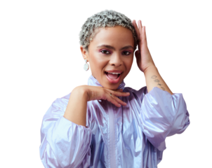 Model, hands and frame portrait with makeup, fashion and trendy neon clothes on isolated, transparent or png background. African woman, wow and gen z color in bold style, cosmetics or unique beauty