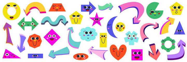 Figure character shape set for math education with playful arrow. Cute smile character geometric for child learn. Figure math with emoji face for kindergarten game. Vector cartoon illustration design