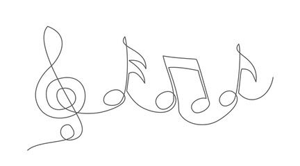 Music notes One line drawing on white background