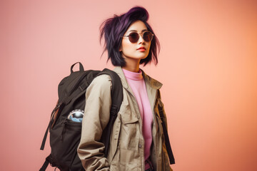 Portrait of young Asian woman with tourist backpack isolated on studio background. Travel concept. Generative AI - obrazy, fototapety, plakaty