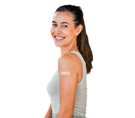 Vaccine, plaster and portrait of happy woman on isolated, transparent or png background. Vaccination, face and lady model with arm, band or bandage smile for healthcare, immunity or covid prevention
