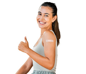 Woman, thumbs up and vaccine promotion with portrait, plaster on arm and covid isolated on png transparent background. Female person, corona immunization support and smile, healthcare and solution