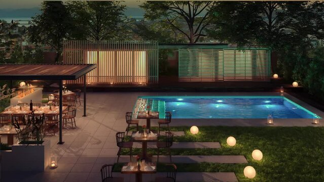 Architectural Visualization of a Swimming Pool Deck with Exterior Pub & Restaurant Area (Cityscape in the Background) - loopable 3D visualization