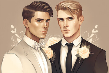 Lgbtqia wedding. Male couple. Cartoon character. Creative illustration with two gay men in bridegroom suit flower buttonhole on beige background.