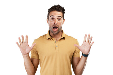 Isolated man, surprise face and portrait with shock for deal, news or announcement by transparent...