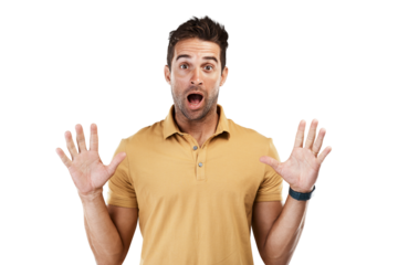 Isolated man, surprise face and portrait with shock for deal, news or announcement by transparent png background. Guy, fashion model and wow with hands in air for gossip, notification or information
