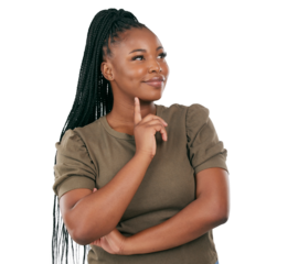 Thinking, confused and question with face of black woman on png for planning, idea and inspiration. Dreaming, brainstorming and decision with person isolated on transparent background for solution