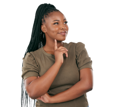 Thinking, confused and question with face of black woman on png for planning, idea and inspiration. Dreaming, brainstorming and decision with person isolated on transparent background for solution