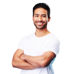 Smile, portrait and Asian man with arms crossed in casual fashion isolated on transparent png background. Relax, calm and happy face of young male person, proud and confident model with trendy style.