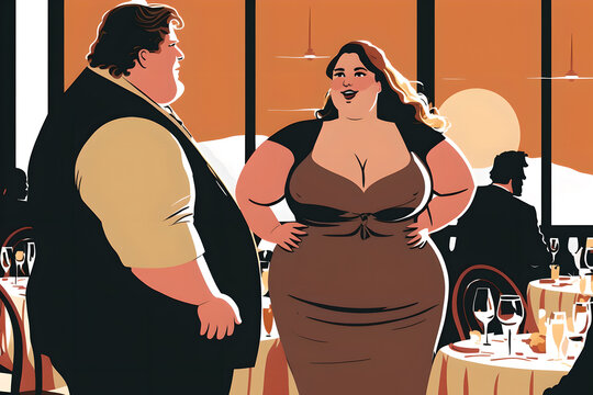 Body positive. Romantic chubby couple. Graphic art. Cartoon illustration of happy plus size woman and man talking in restaurant interior.