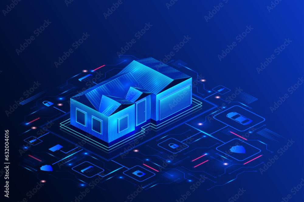 Fototapete Smart home technology. Building IOT banner. Automated house by internet network. Security and appliance management system. Architecture automation control infographic. Vector background
