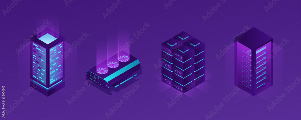 Aufkleber Isometric data center. Crypto server. Tech blockchain video database. Cloud mining technology. Computing hardware. Electronic processor and cooler. Glowing computer equipment vector set