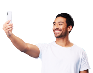 Man, smile and selfie for social media isolated on a transparent png background for fun, live streaming and vlog. Happy asian model, content creator and profile picture for memory, video call or blog