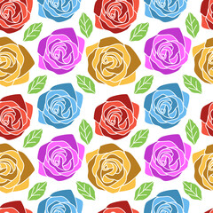 Vector rose flowers flat colors seamless 
pattern background.