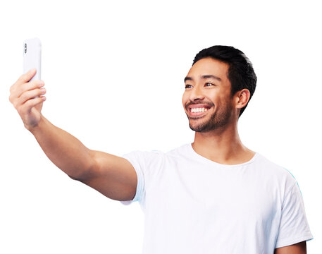 Man, smile and selfie for social media isolated on a transparent png background for fun, live streaming and vlog. Happy asian model, content creator and profile picture for memory, video call or blog