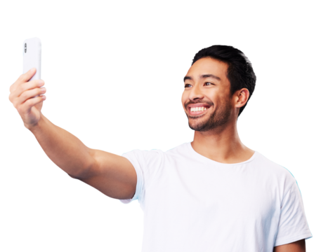 Man, smile and selfie for social media isolated on a transparent png background for fun, live streaming and vlog. Happy asian model, content creator and profile picture for memory, video call or blog