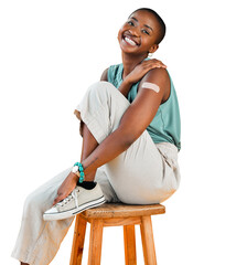 Portrait, covid vaccinated and black woman showing plaster on arm, health and smile isolated on a transparent background. Happy, female person and model with corona policy, vaccine injection and png - obrazy, fototapety, plakaty