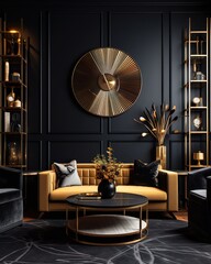 High-end living room luxury interior in black and gold color