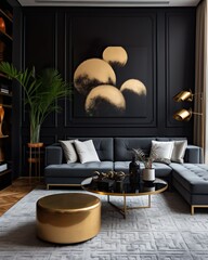 High-end living room luxury interior in black and gold color