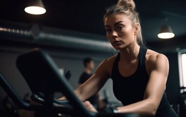 Fototapeta premium Focused young woman tackles fitness training on digital bike