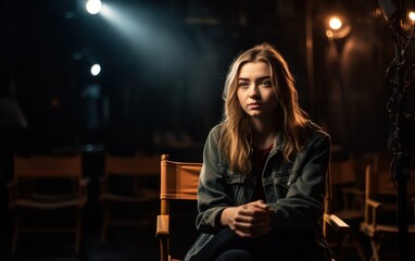 Fototapeta na wymiar girl sitting on a director's chair with cinema lights